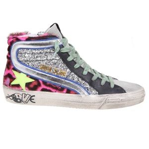 Golden goose pink leopard silver glitter slide